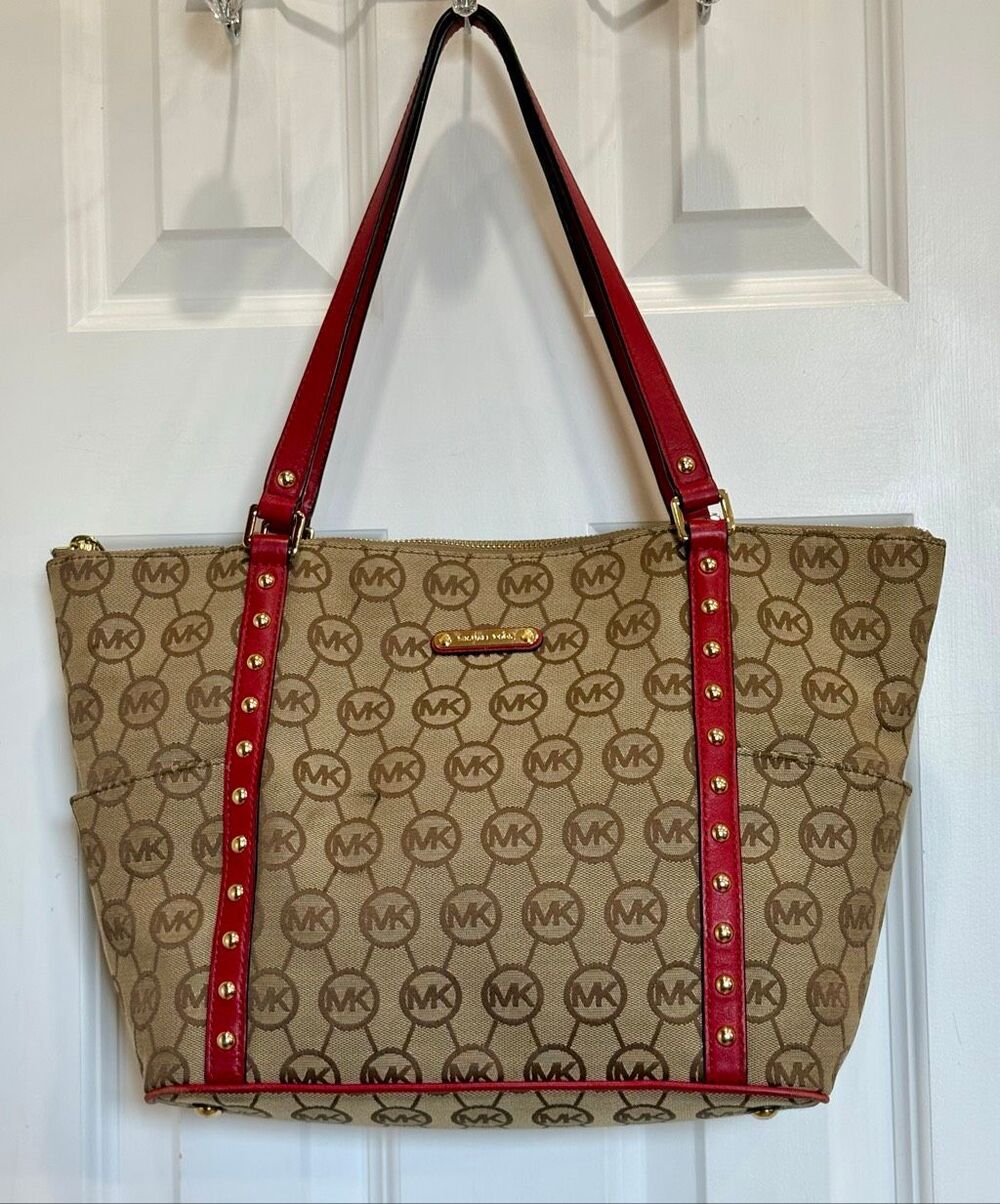 MICHAEL KORS - Jet Set Signature Studded Tote - Beige/Tan Canvas & Red Leather